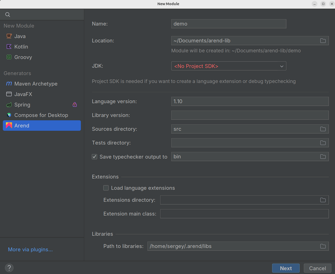 Arend module settings pane