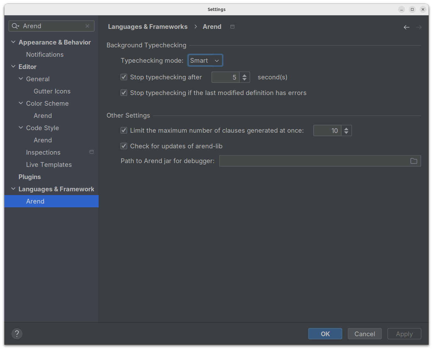 Arend type checking settings pane